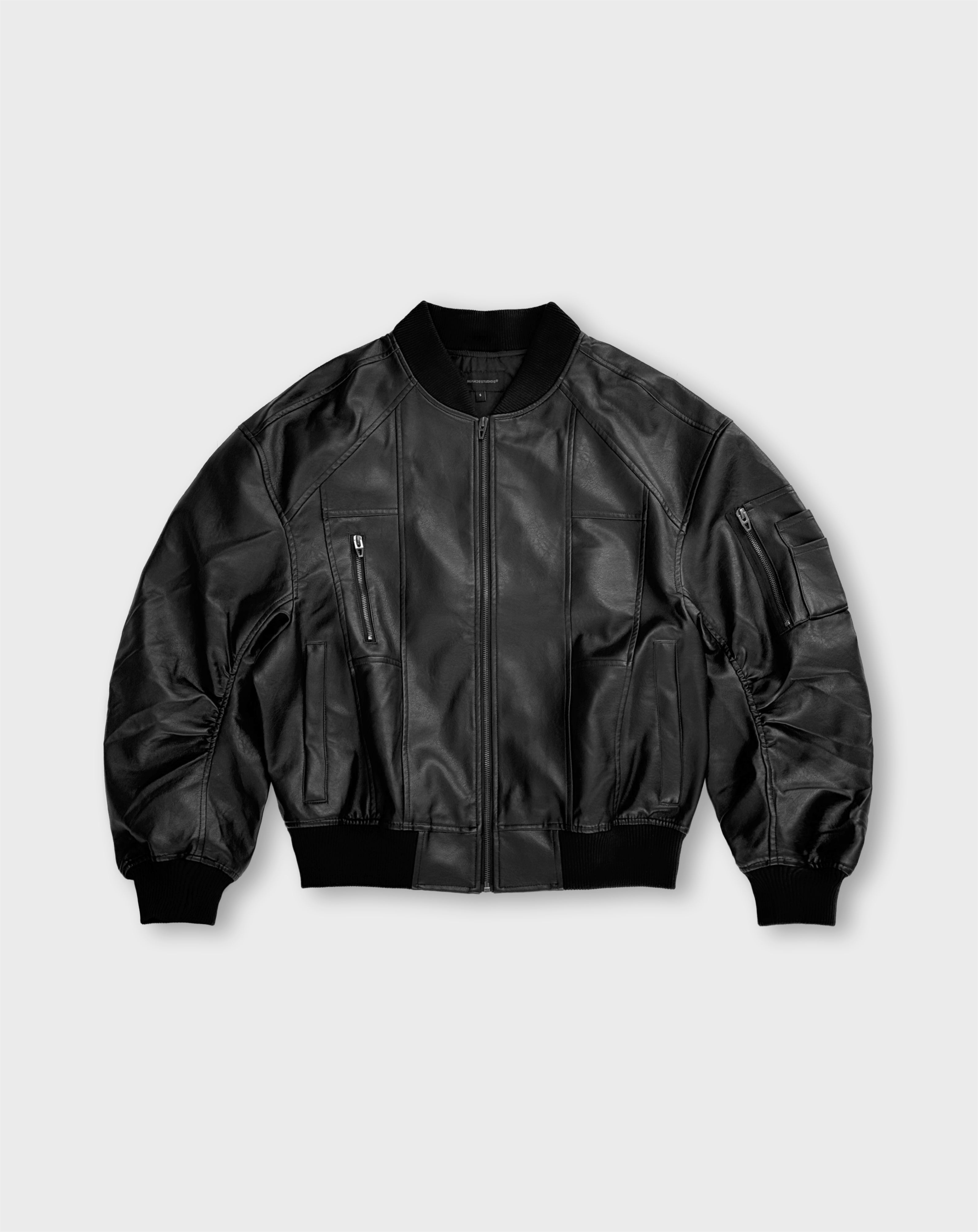 【OF ALL FORM】POCKET DETAIL LEATHERBOMBER Men's Black Leather Bomber Jacket with Zipper Pockets (US
