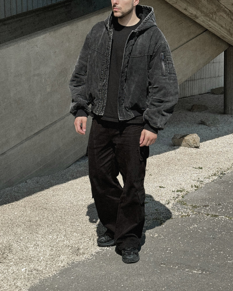 HOODED BOMBER JACKET IN VINTAGE BLACK