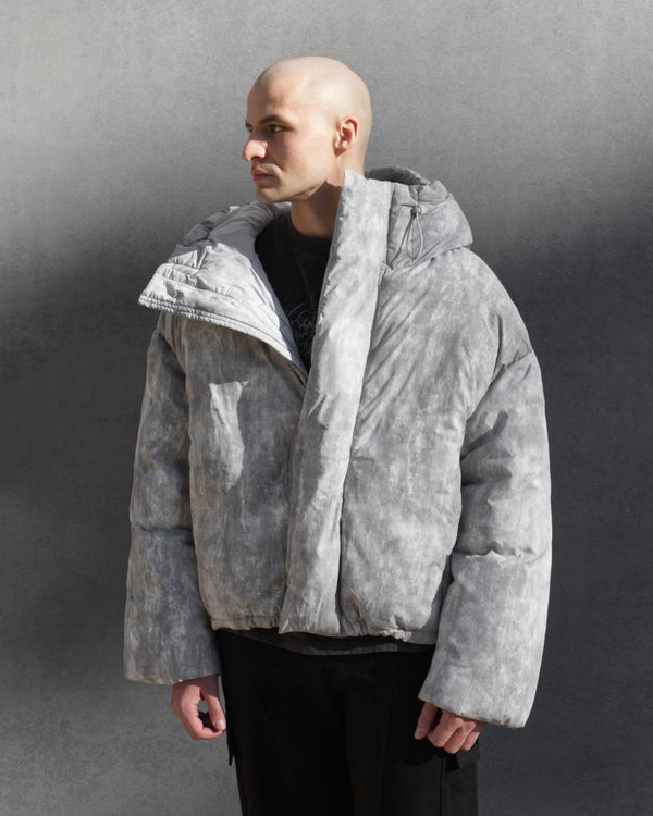 HOODED PUFFER JACKET IN WASHED GRAY