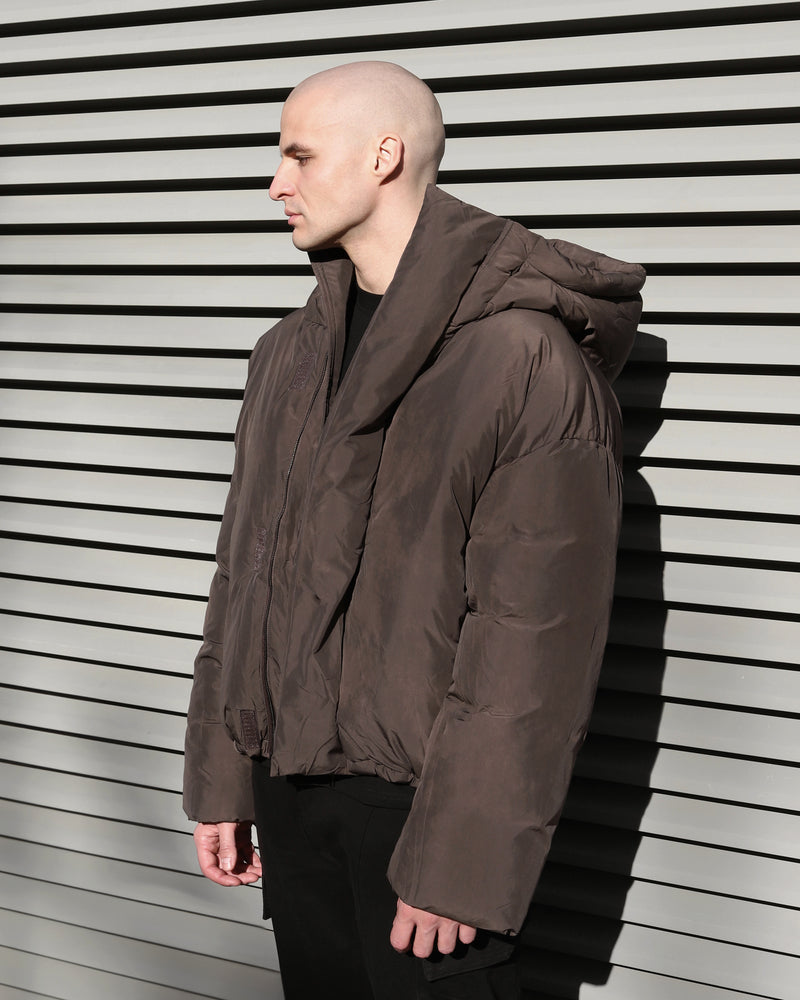 HOODED PUFFER JACKET IN WASHED BROWN