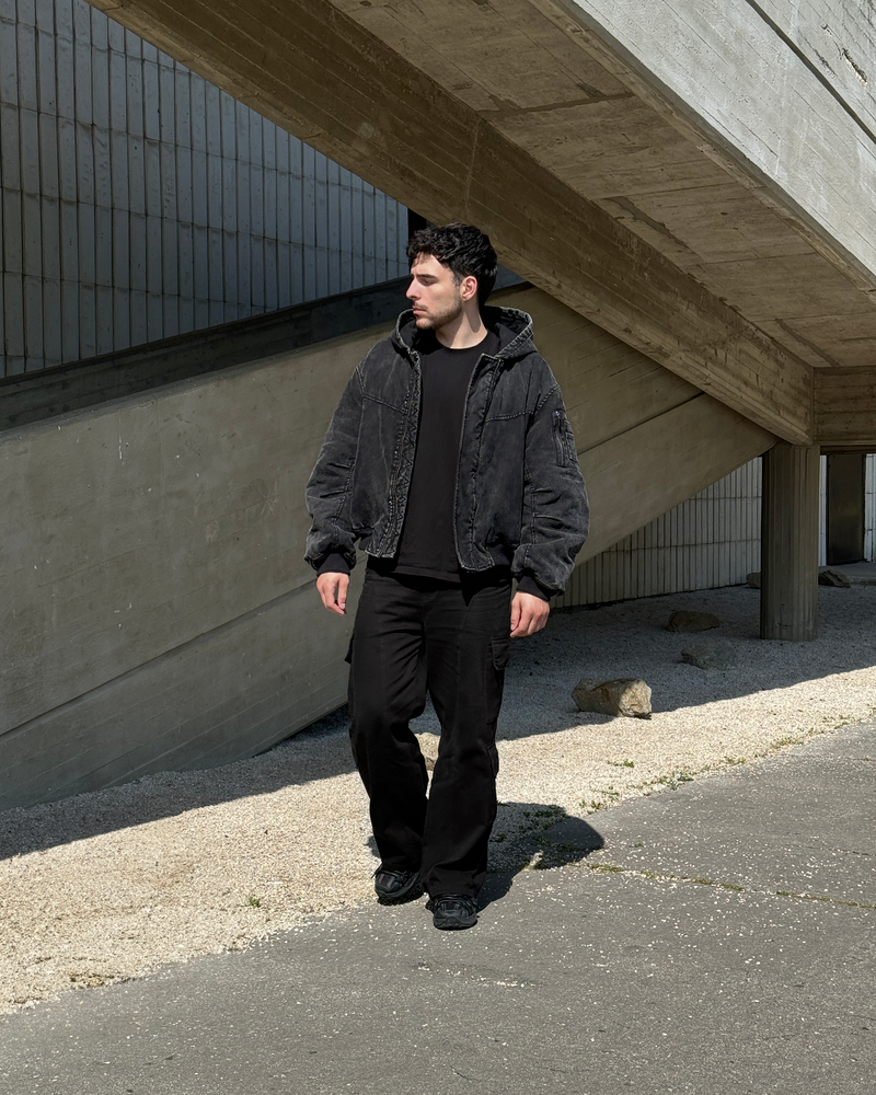 HOODED BOMBER JACKET IN VINTAGE BLACK