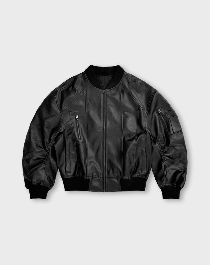 FAUX LEATHER BOMBER JACKET IN BLACK