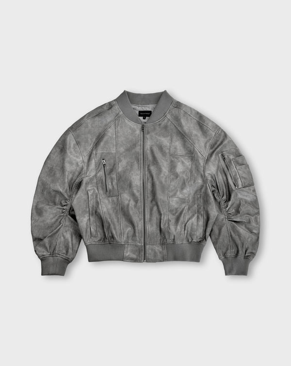 FAUX LEATHER BOMBER JACKET IN VINTAGE GRAY