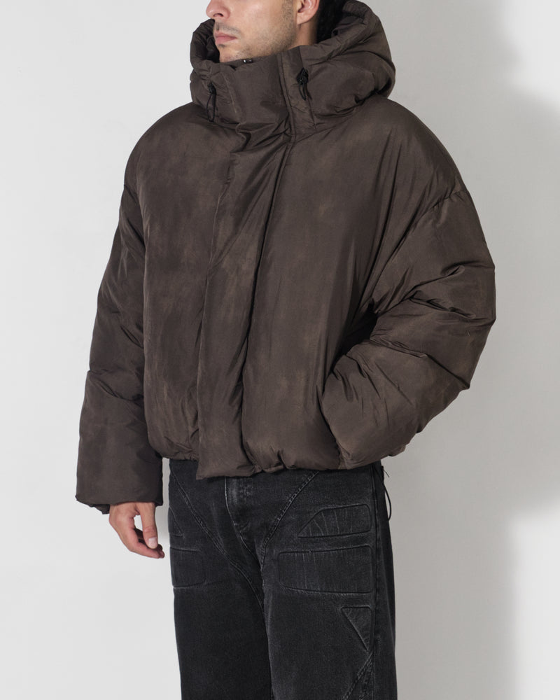 HOODED PUFFER JACKET IN WASHED BROWN