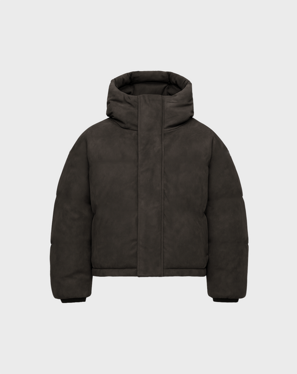 HOODED PUFFER JACKET IN WASHED BROWN