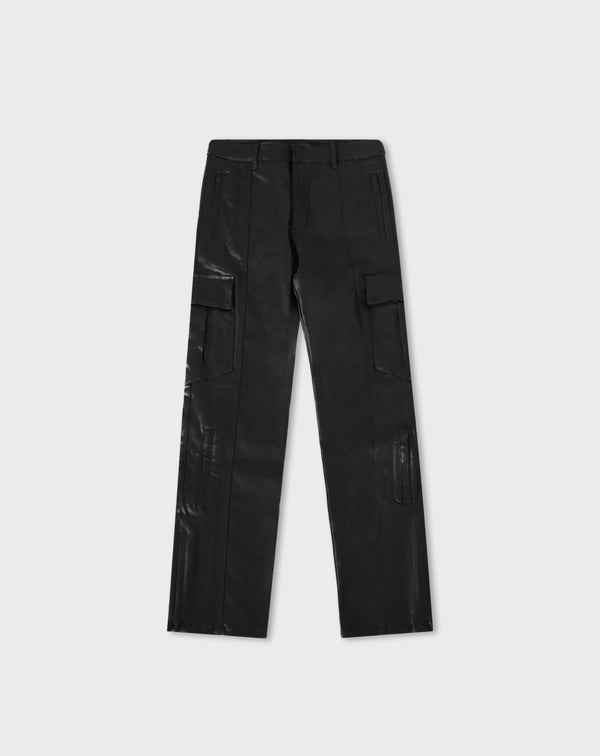 WAXED DENIM CARGO PANTS IN BLACK