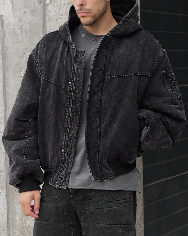 HOODED BOMBER JACKET IN VINTAGE BLACK