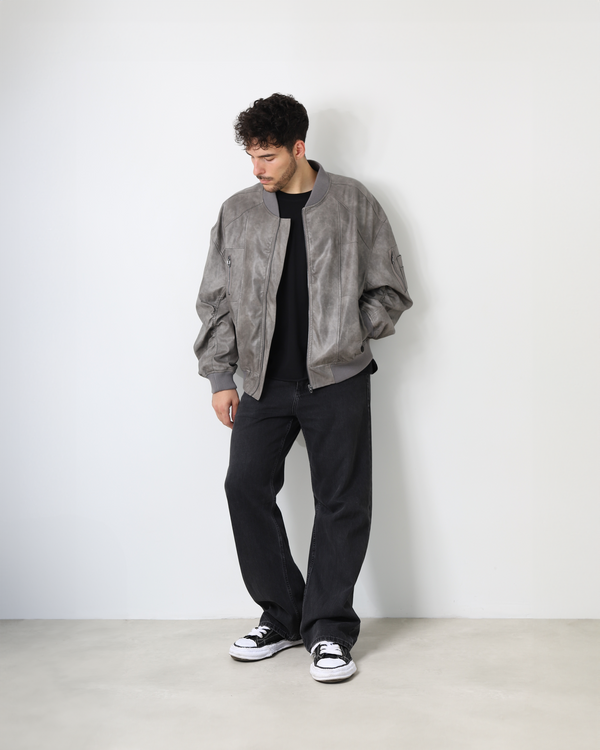 PU LEATHER BOMBER JACKET - VINTAGE GRAY