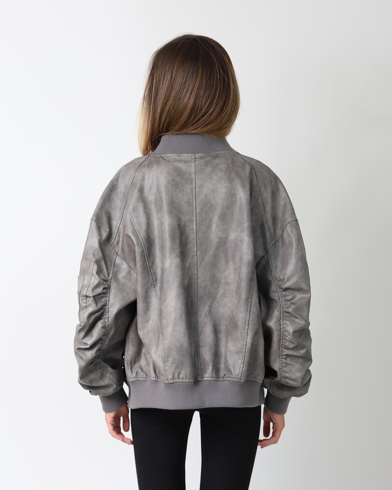 PU LEATHER BOMBER JACKET - VINTAGE GRAY