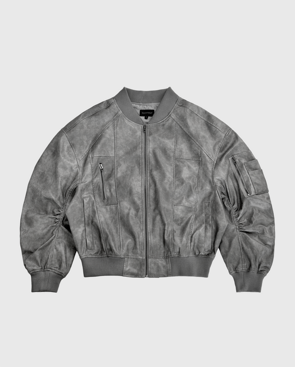 PU LEATHER BOMBER JACKET - VINTAGE GRAY