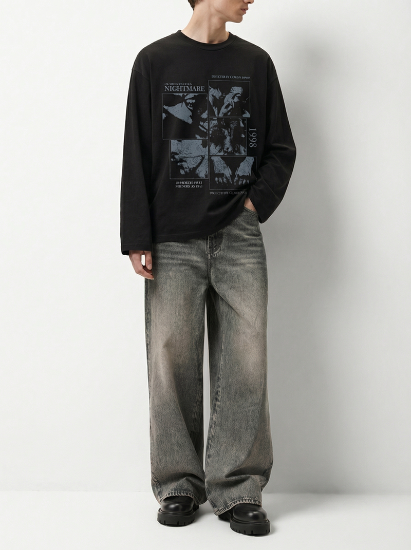 Black long-sleeve graphic T-shirt with sleeves extending to the wrists