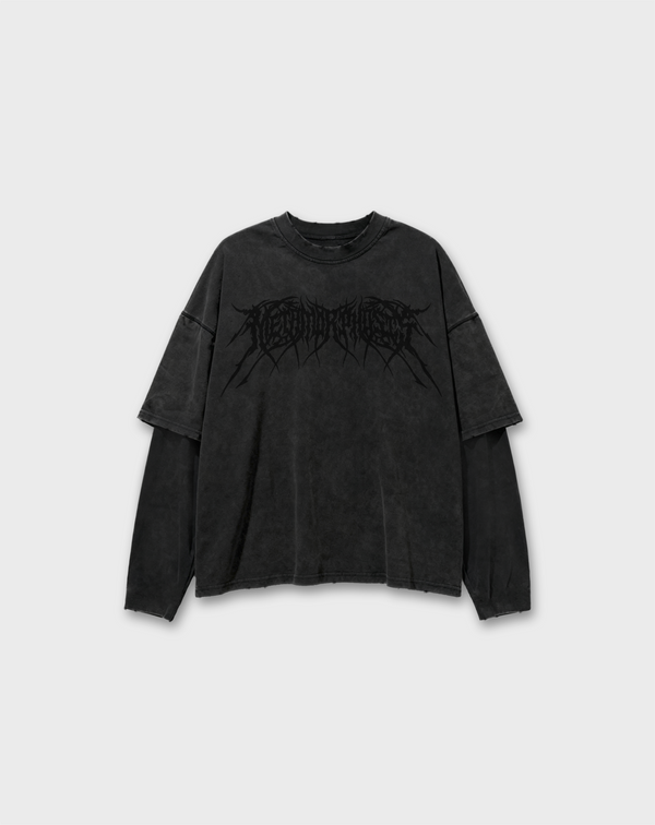 EMBROIDERED METAL LONGSLEEVE TEE IN WASHED BLACK