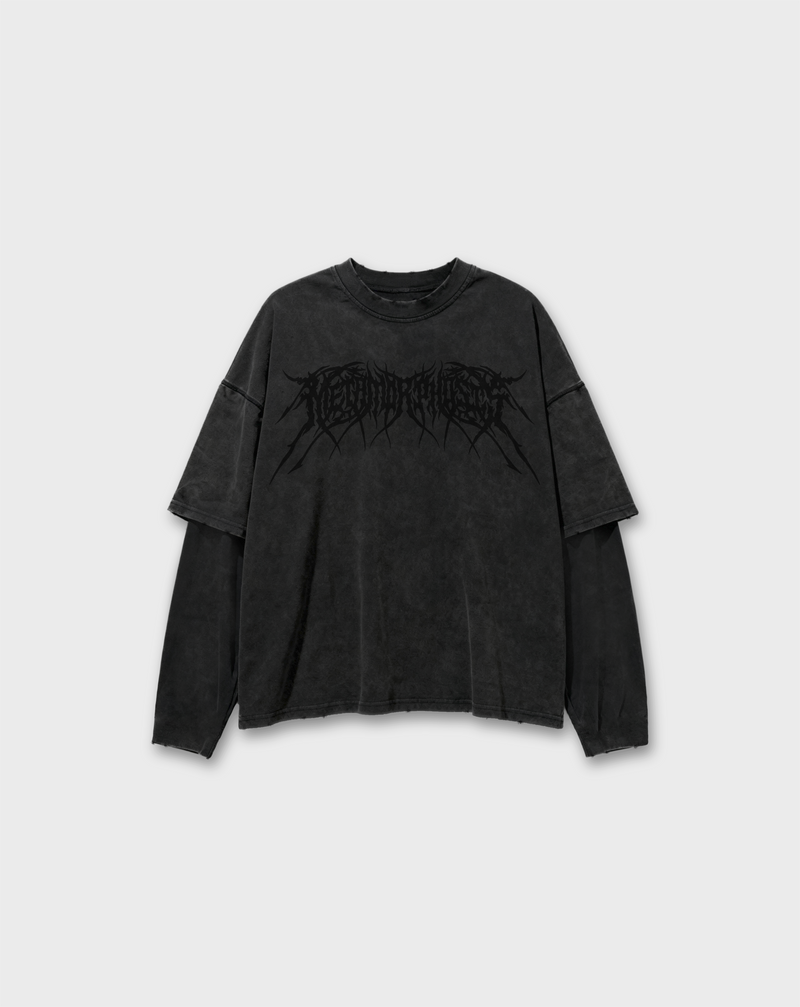 EMBROIDERED METAL LONGSLEEVE TEE IN WASHED BLACK