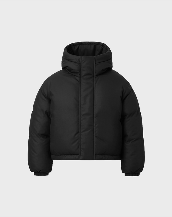 HOODED PUFFER JACKET IN JET BLACK
