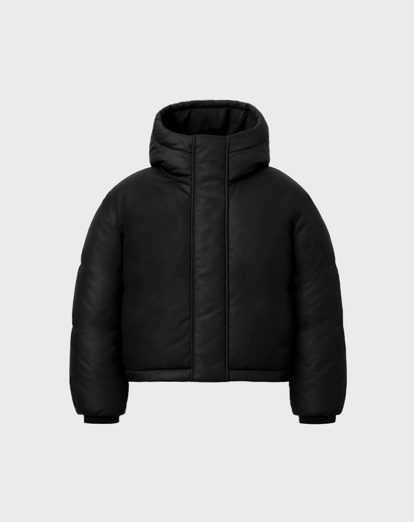 HOODED PUFFER JACKET IN JET BLACK