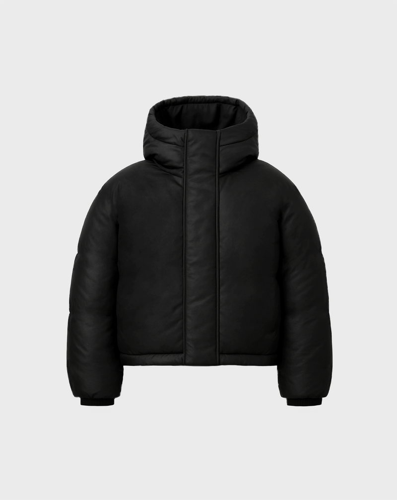 HOODED PUFFER JACKET IN JET BLACK