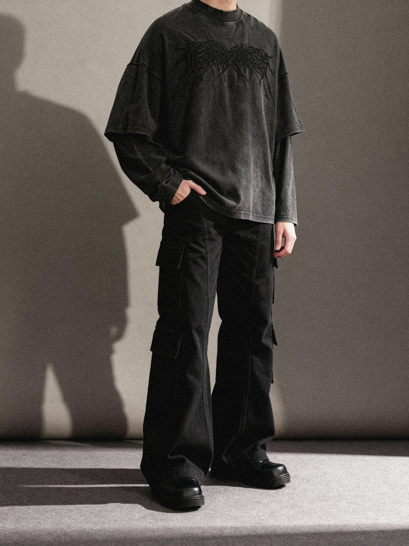 EMBROIDERED METAL LONGSLEEVE TEE IN WASHED BLACK